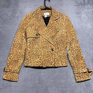 Vintage Spiegel Leather Jacket Women's 4 Beige Black Leopard Print Long Sleeve